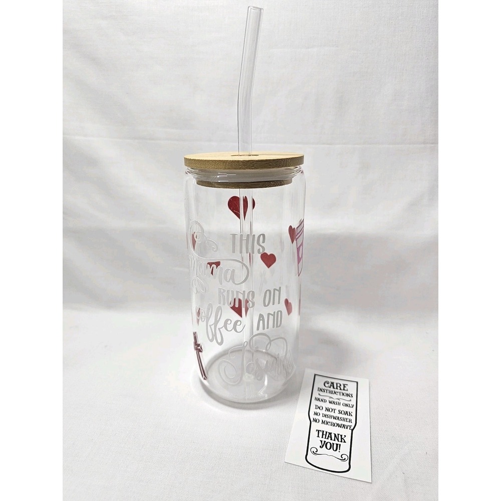 Mama Runs On Coffee & Jesus Glass Tumbler 20 oz Bamboo Lid And Glass Straw Love